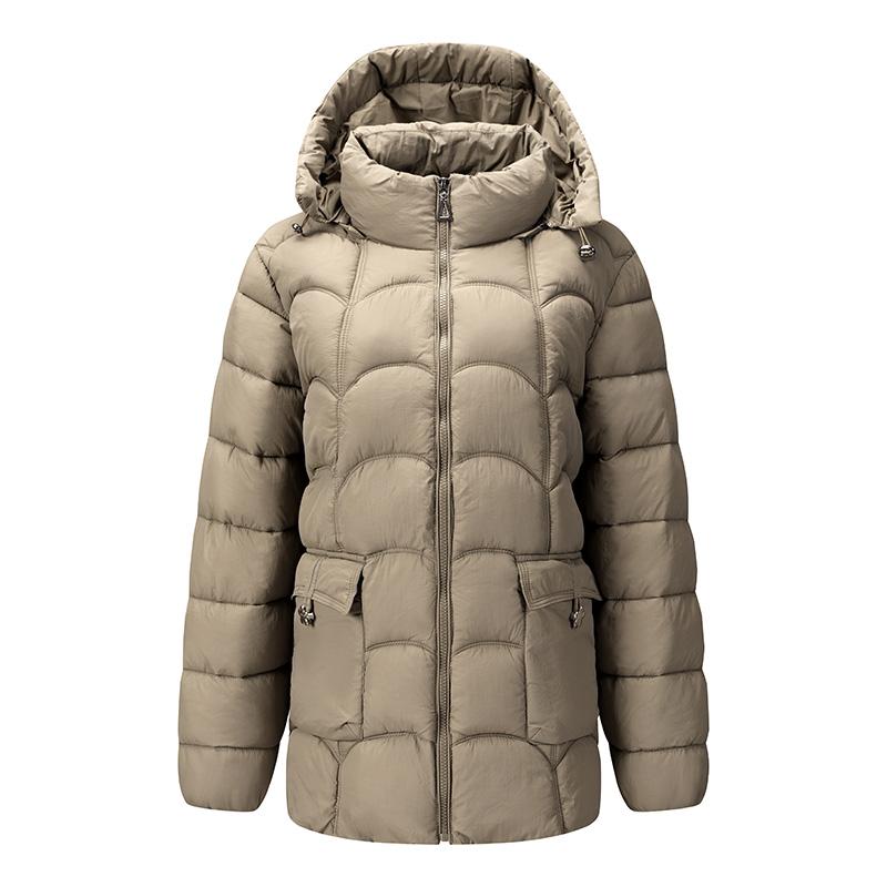 Women Khaki Hooded Arc Quilted Padded Coat Zip Up Warm Winter Mid Length Jacket