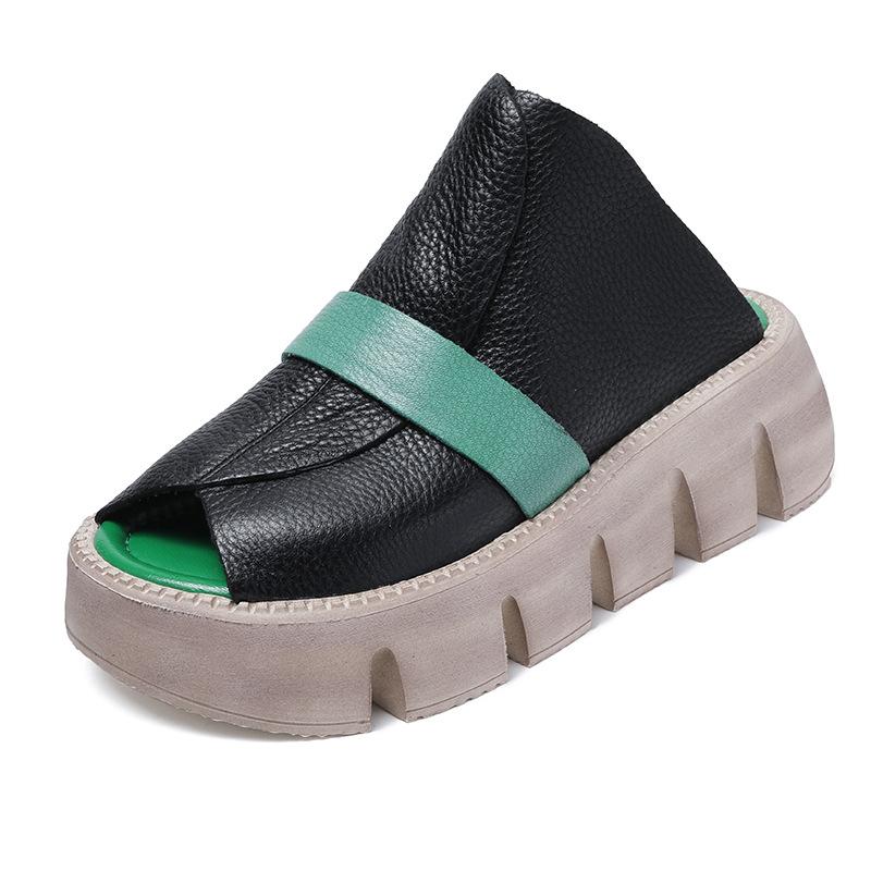 

Johnature Толстая подошва Открытый носок Женские танкетки Шлепанцы Простые Натуральная кожа Удобная Пляжная обувь 39 чёрный