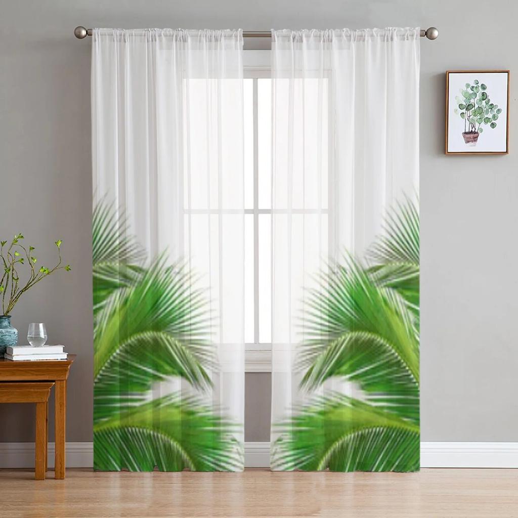 Tropical Green Plant Leaves Sheer Curtains For Living Room Bedroom Tulle Curtains Kitchen Window Treatments Panel Drapes