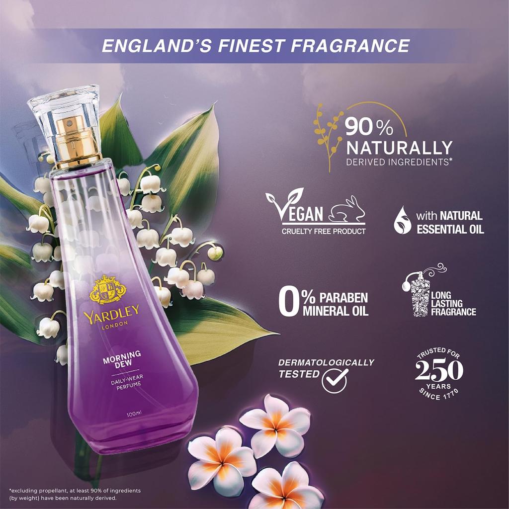 Yardley London Morning Dew Perfume Spray | Fresh Floral Scent | 90% Naturally Derived| Lilly Of Valley & Frangipani | Perfume For Women| 100Ml