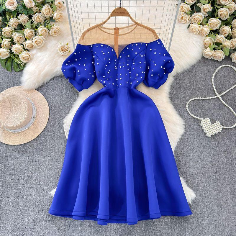 

Summer French Style Retro Sheer Mesh Splicing Beads Puff Sleeves Dress Dress Ladies Cinched Swing Dress Blue S