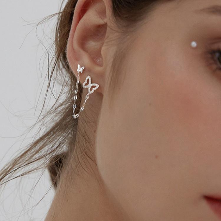 Sterling Silver Double Hole Butterfly Earrings - Women's Elegant Korean Style Ear Chain Studs (2021 Trend).