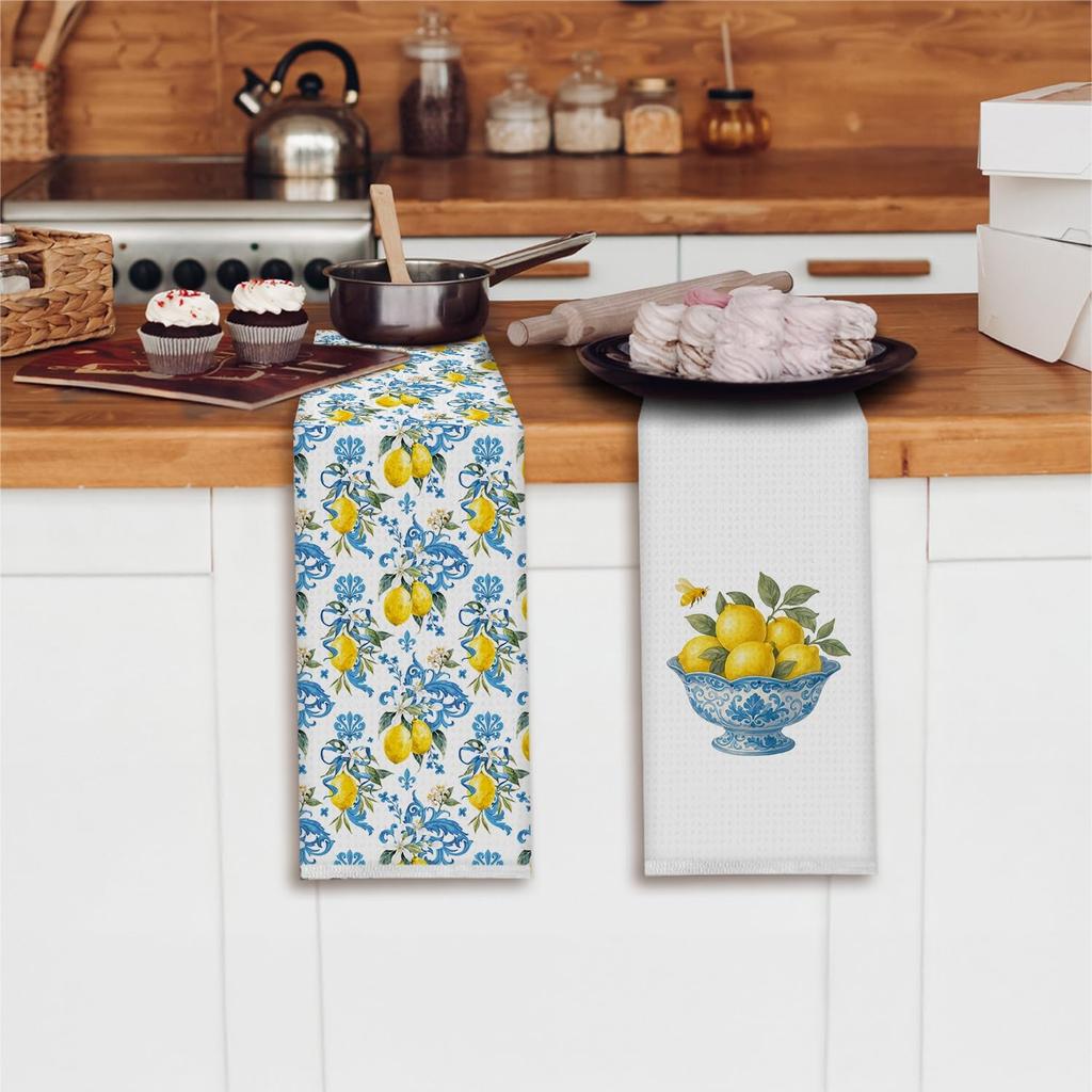 Italian Mediterranean Lemons Kitchen Towels, Capri Amalfi Coast Lemon Party Decorative Dish Tea Hand Towels for Kitchen Bathroom Decor,16x24 Inch Set
