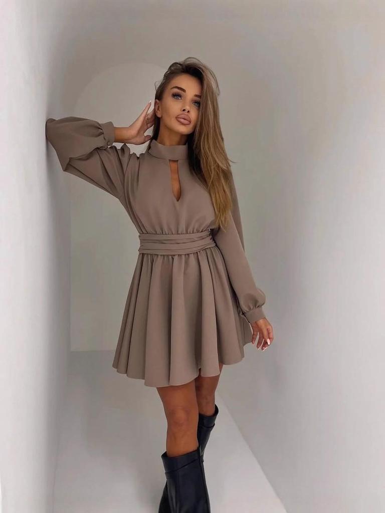 2025 European Spring/Autumn Sexy Hollow-Out Waist-Cinching Solid Color Dress for Women
