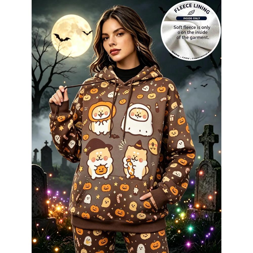 Women Halloween Fleece Hoodie Cute Cartoon Dog Pumpkin Ghost Print Long Sleeve Pullover Hooded Sweatshirt Casual Warm Top
