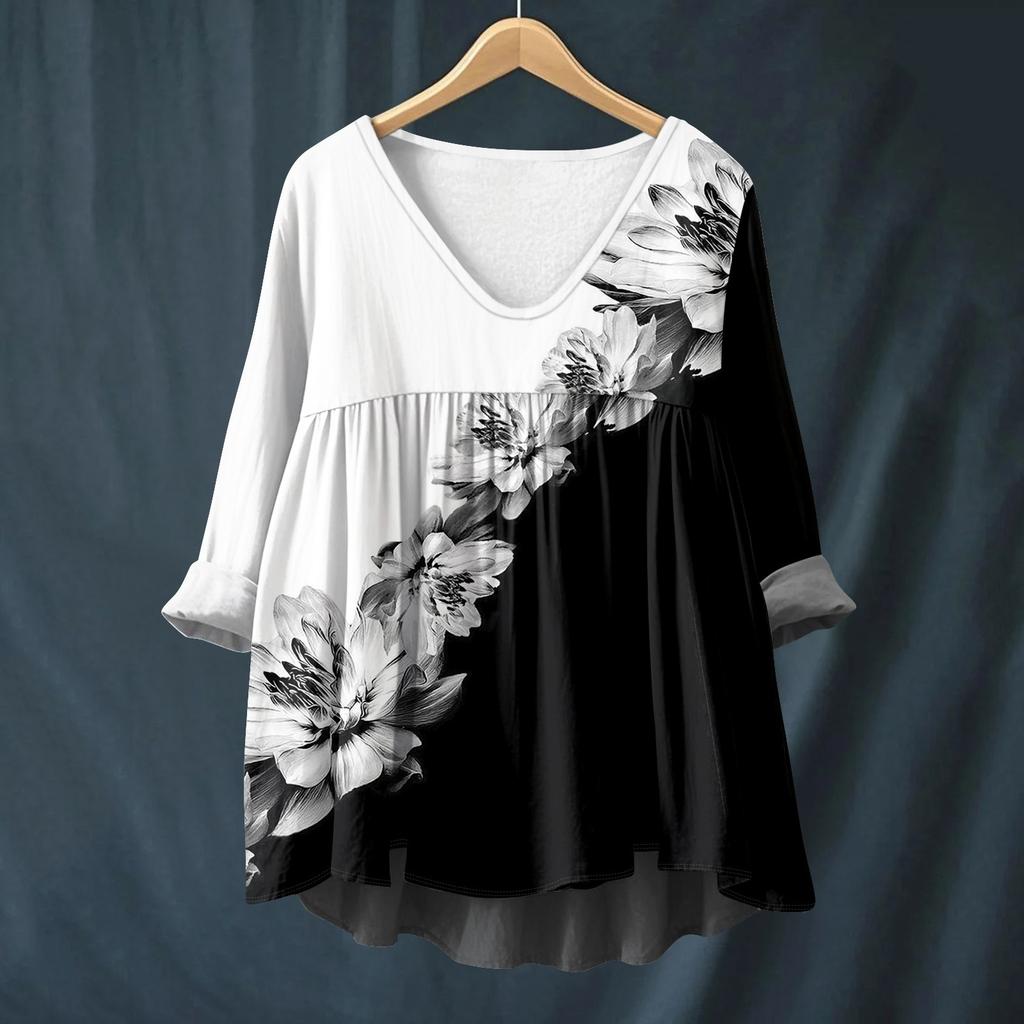 Damen Modisches Und Lässiges Hemd Langärmlig V-Ausschnitt Druck Baumwolle Und Leinen Bluse