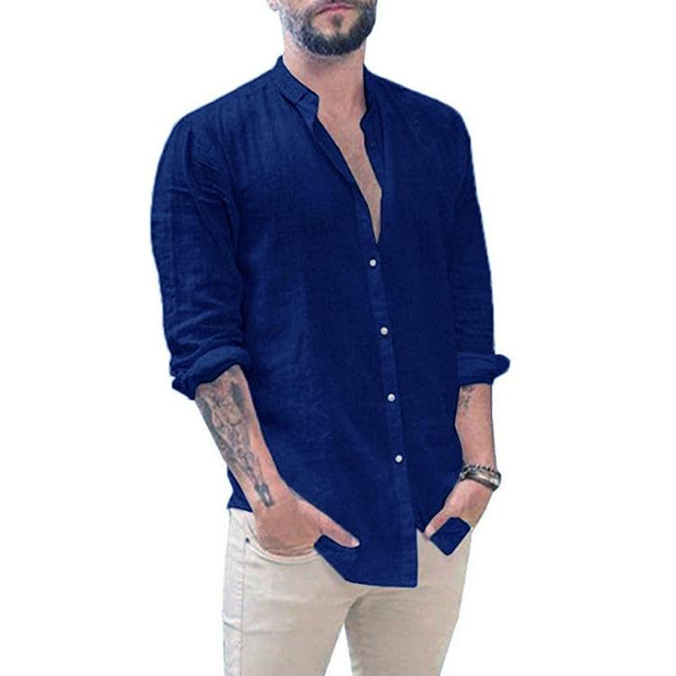 European and American Men's Linen Cardigan Solid Color Casual Stand-up Collar Long-sleeved Shirt