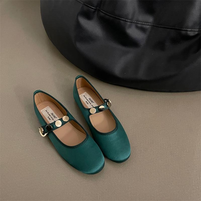 

Fashion IPPEUM Ballet Flats Women Purple Satin Round Toe Mary Jane Shoes Buckle Silver Ballerina Flats 225 зелёный