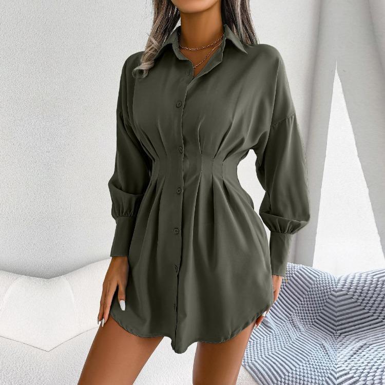 Women Autumn Winter High Waist Asymmetric Dress Shirt Solid Color Lantern Sleeve Lapel Neck Dress