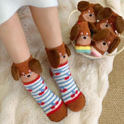 1Pair Sausage Dog Cartoon Floor Socks Skin-friendly Thick Socks Warm Coral Fleece Socks Comfortable Sleep Socks