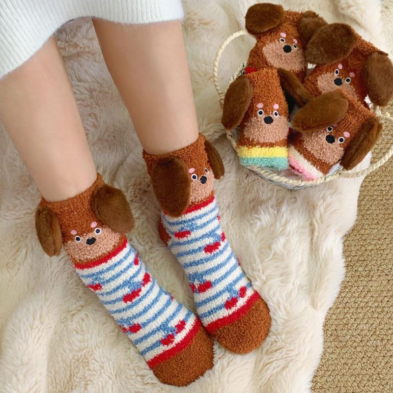 1Pair Thick Socks Cartoon Floor Socks Warm Coral Fleece Socks Comfortable Sleep Socks Skin-friendly Sausage Dog