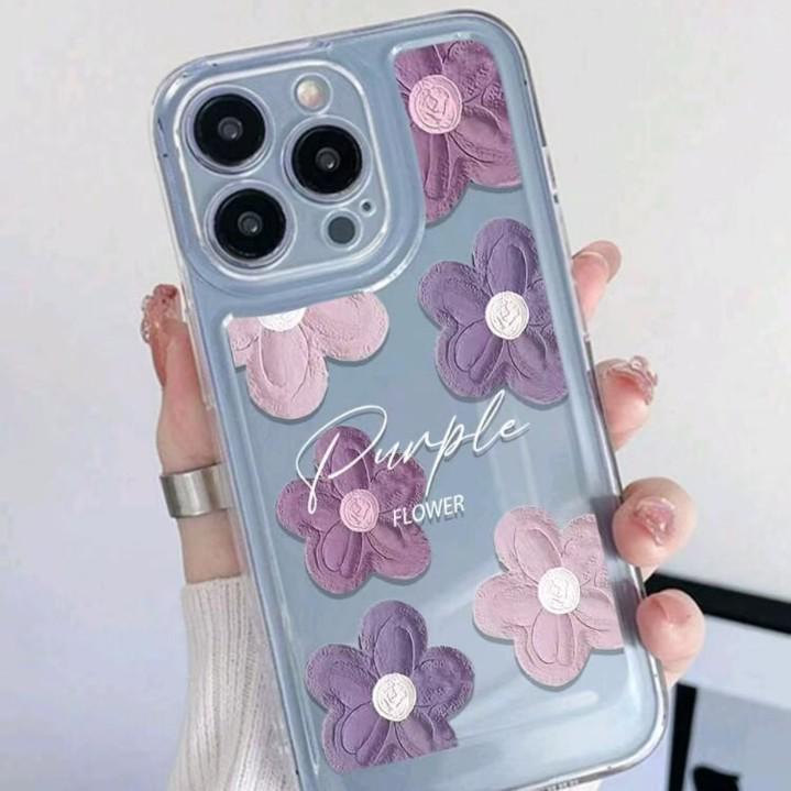 Nordic Style Pink Purple Floral Oil Painting Phone Case for iPhone 17 Pro Max/16e/15 Pro/14 Soft Shell