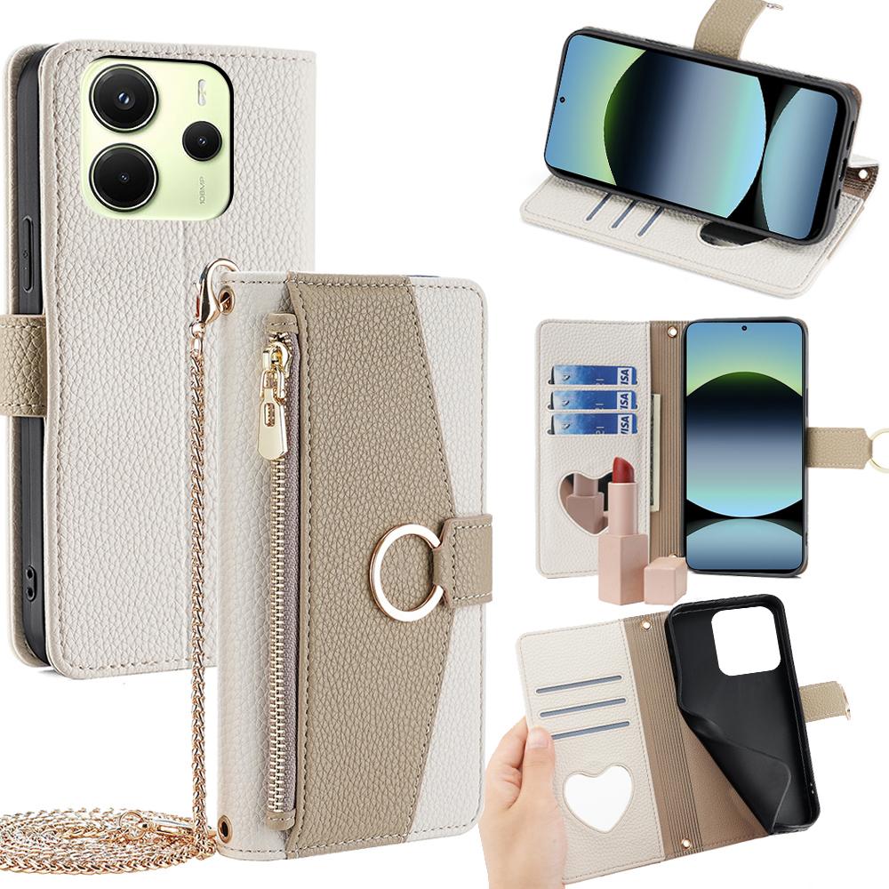 For Xiaomi Redmi Note 14 4G (163.25mm) Case Mirror Wallet Leather Phone Cover with Chain Shoulder Strap