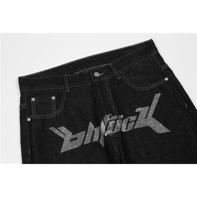 American Street Retro Letter Printing Washed Black Jeans Hip-hop Loose Straight Wide-leg Trousers Ins