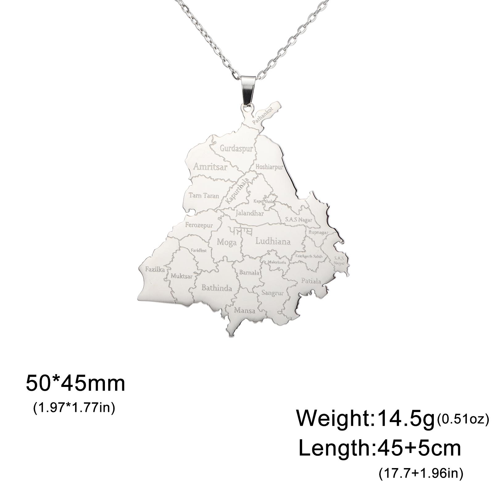 Punjab Map Pendant Stainless Steel Necklace for Men And Women Fashion National Map Travel Souvenir Gift Jewelry Gift