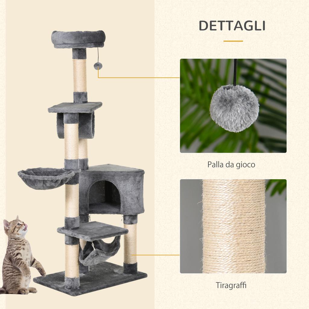 Cat Scratching Post with Bed, Hammock, and Sisal Poles, Grey