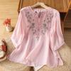 Women's V Neck Three Quarter Sleeve Loose Fit Cotton Linen Blouse Vintage Embroidered Pullover Top
