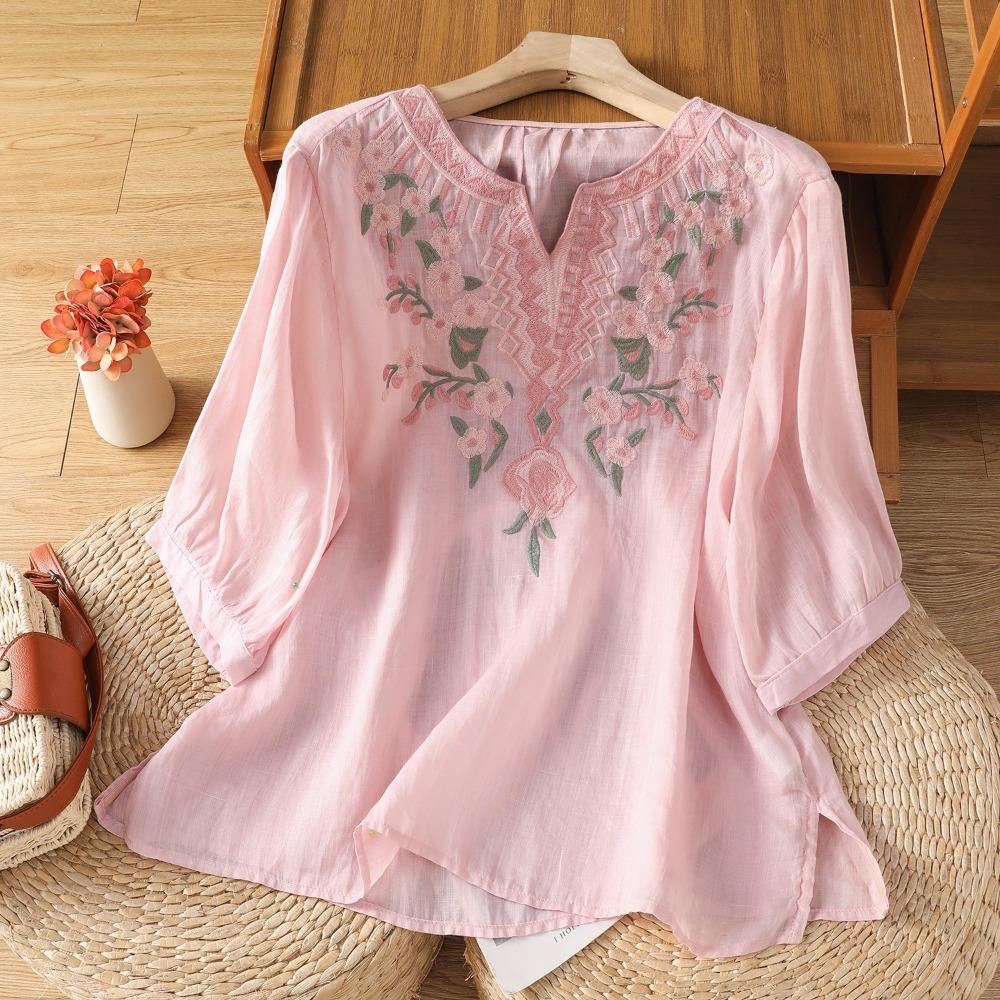 Women's V Neck Three Quarter Sleeve Loose Fit Cotton Linen Blouse Vintage Embroidered Pullover Top