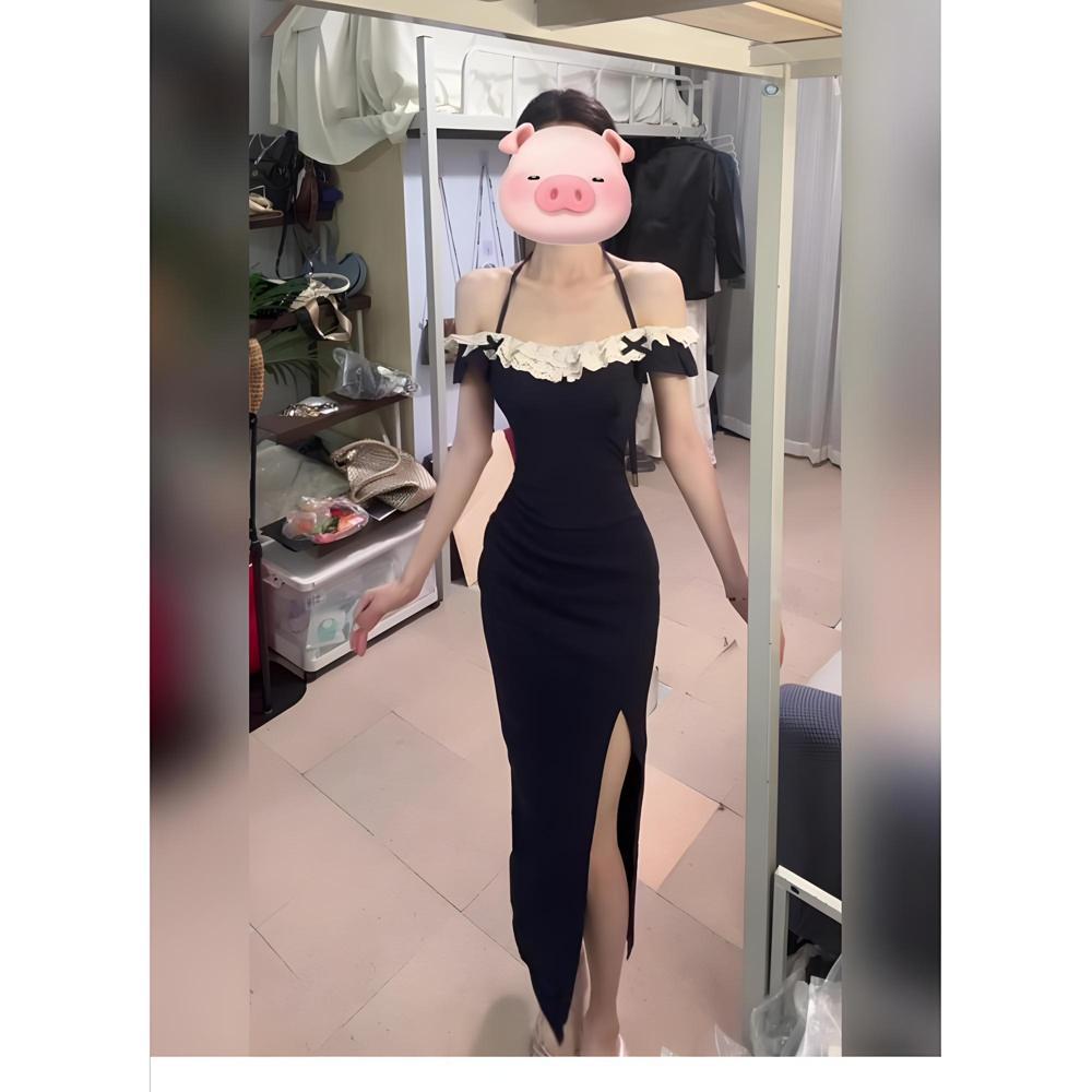 Summer black lace dress women cinch their waists to show off their slim temperament, celebrity long skirts