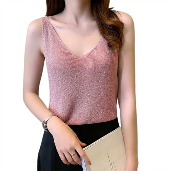 Dams sexiga enfärgade glänsande linne stickad V-ringning sommar smal passform väst