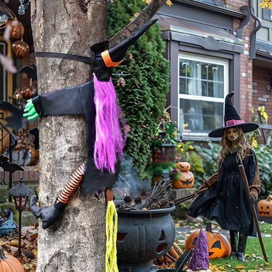 Stor Kræsjende Heks Inn i Tre Halloween Dekorasjon Ute Flygende Heks Treffer Tre Rekvisitt for Utendørs Gård Hage Plen Veranda Dekor