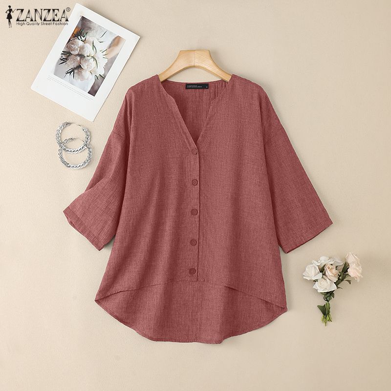 ZANZEA Women Casual V-Neck Solid Color 3/4 Sleeve Blouse