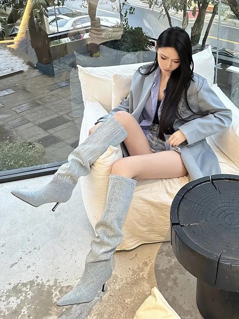 High Heel Long Tube Over Knee Folded Booties Women's Boots Autumn Winter Fashionable Sharp Pointed Toe Skinny Heel Jeans Boots