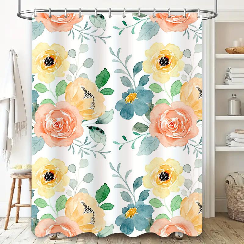 Luxury Floral Printed Shower Curtain Waterproof Bath Mat Rug Decorative Wall Hanging Home Decoration White with Pink Flowers Yel