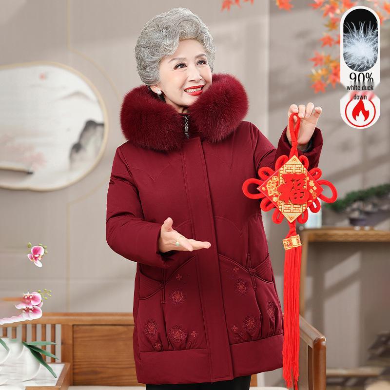 

Women s Stylish Winter Down Jacket with Big Fur Collar for Middle-Aged and Elderly - Mid-Length Warm White Duck Down Coat 4XL (130-145 kg) вина червоного кольору