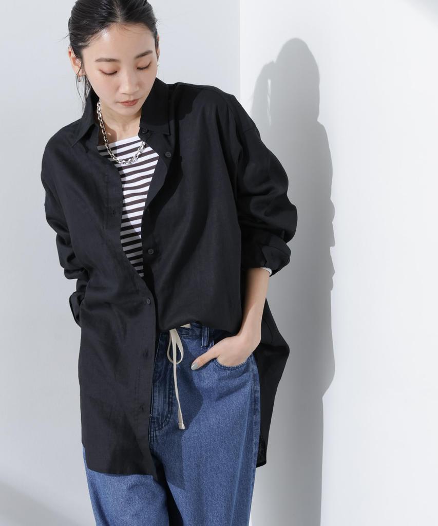 Nano Universe Linen Basic Wide F Anti-Smell Shirt, Women's, 010, Black, 673-5120309