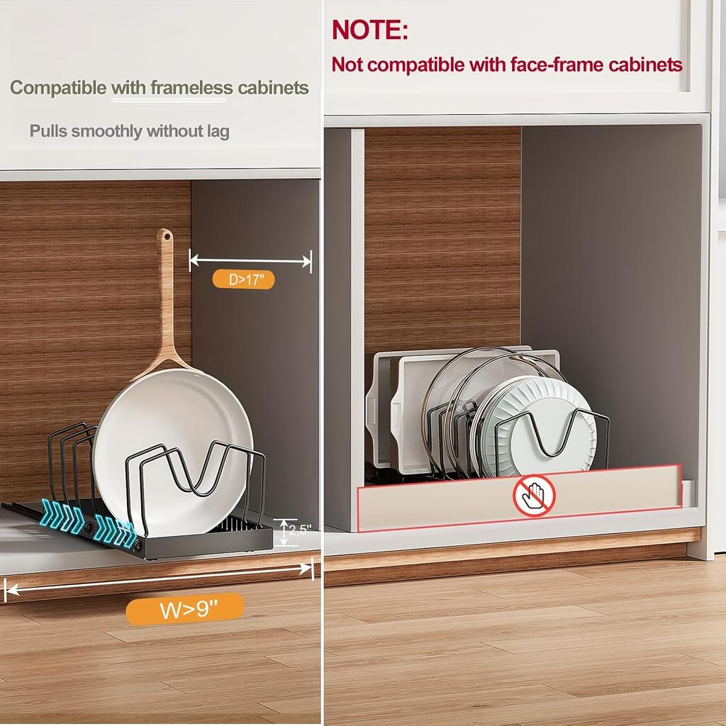 Pull Out Pot Lids Organizer Rack, 2pcs Pots and Pans Organizer for Under Cabinet, Pot Lid Holder with 8 Adjustable Compartment for Kitchen Cabinet