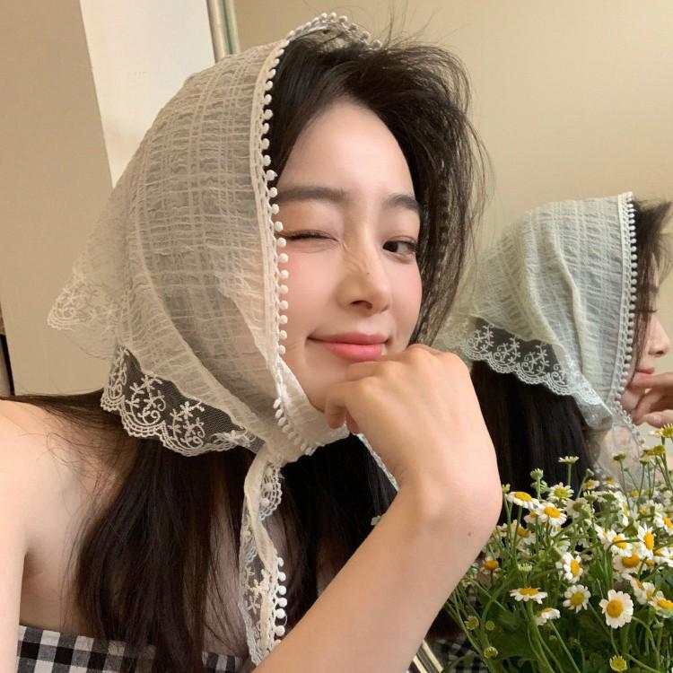 Beige Floral French Lace Triangle Scarf: Versatile Headscarf, Hairband, or Bag Accessory