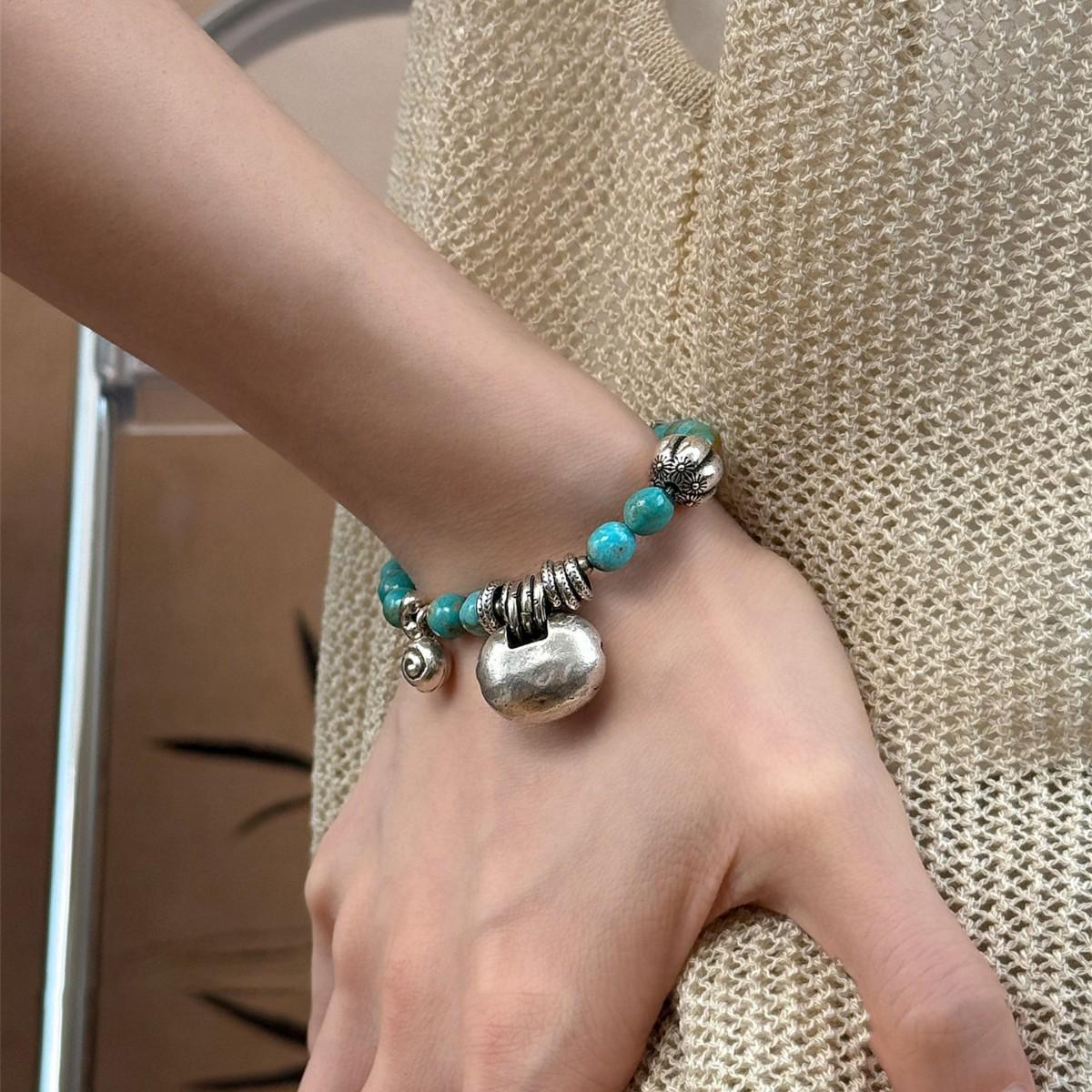 

S925 Sterling Silver Lotus Turquoise Yuanbao Lock Bracelet - Niche Design, Versatile, Retro High-End Feel for Women