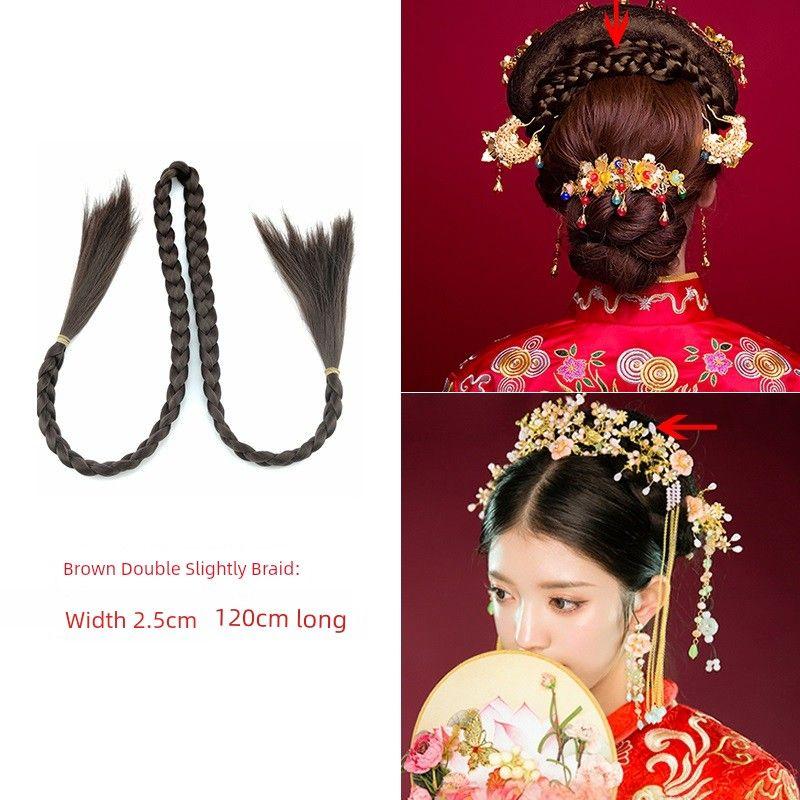 Ancient Costume Wig Double-Headed Twist Braid Republic of China Student Big Braid Chinese Bride Xiuhe Style Coiled Hair Wig Long Braid