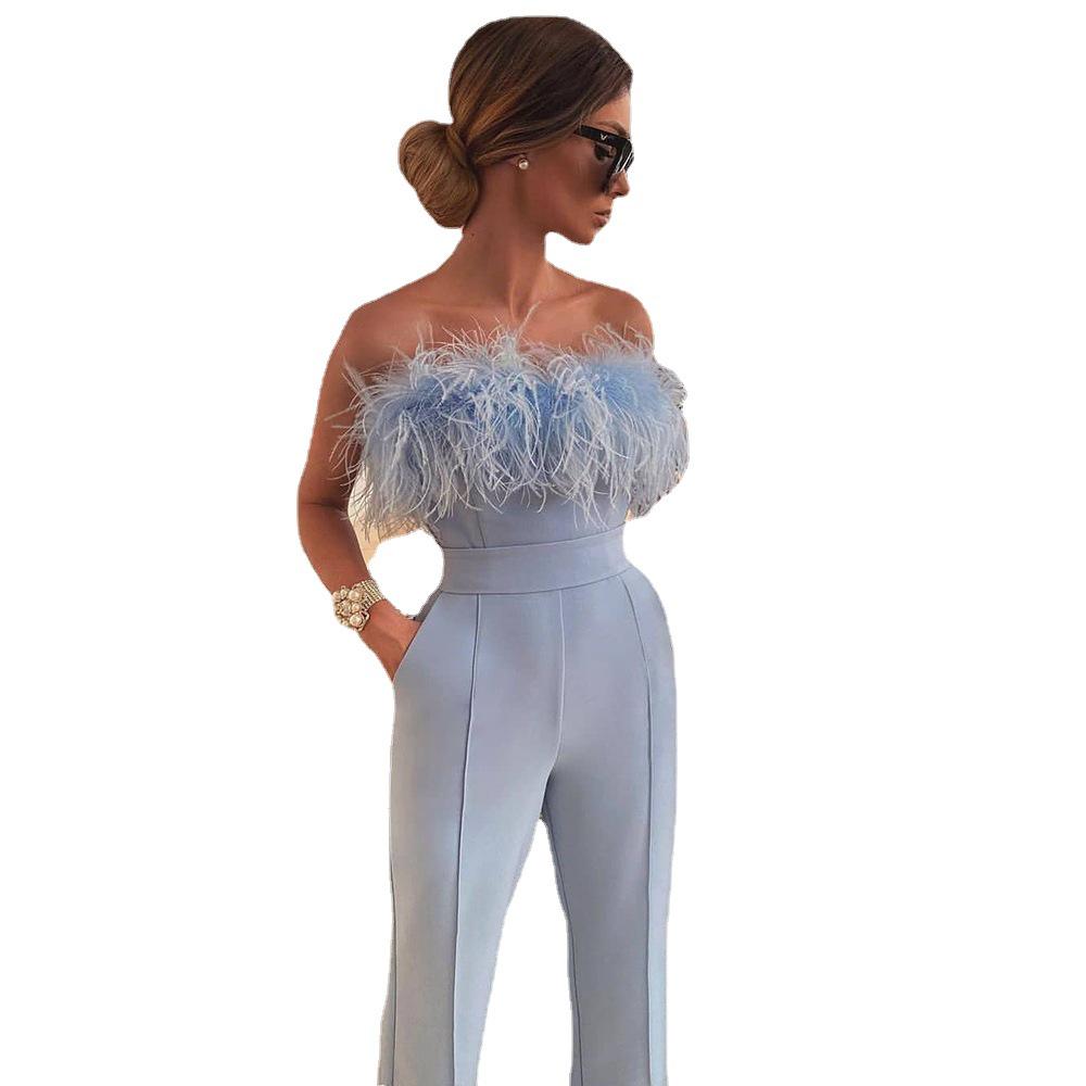 2025 Spring/Summer European & American Women's Feather Bandeau One-Shoulder Backless Jumpsuit