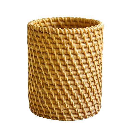 Huaqianguhh Faux Rattan Pen Holder, Woven Style Makeup Brush Boho Desktop Organizer, Multi-functional Resin Pencil Cup for Home Office