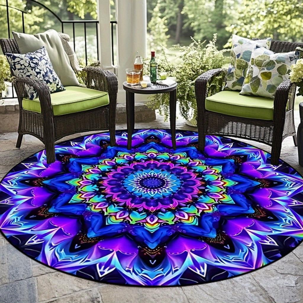 Blacklight Bohemian Round Area Rug, Non Slip Floor Mat for Dining Room Living Room and Bedroom, Spring Home Decor Gift