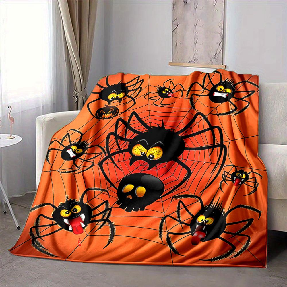 1pc Halloween Spiders Flannel Throw Blanket HD Printed Lightweight Soft Warm All Season Blanket for Sofa, Bed, Travel, Camping Machine Washable