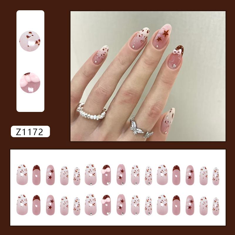 

Red and brown leopard pattern French star polka dot bow sparkling pile of diamonds removable wearable nails 30 pieces