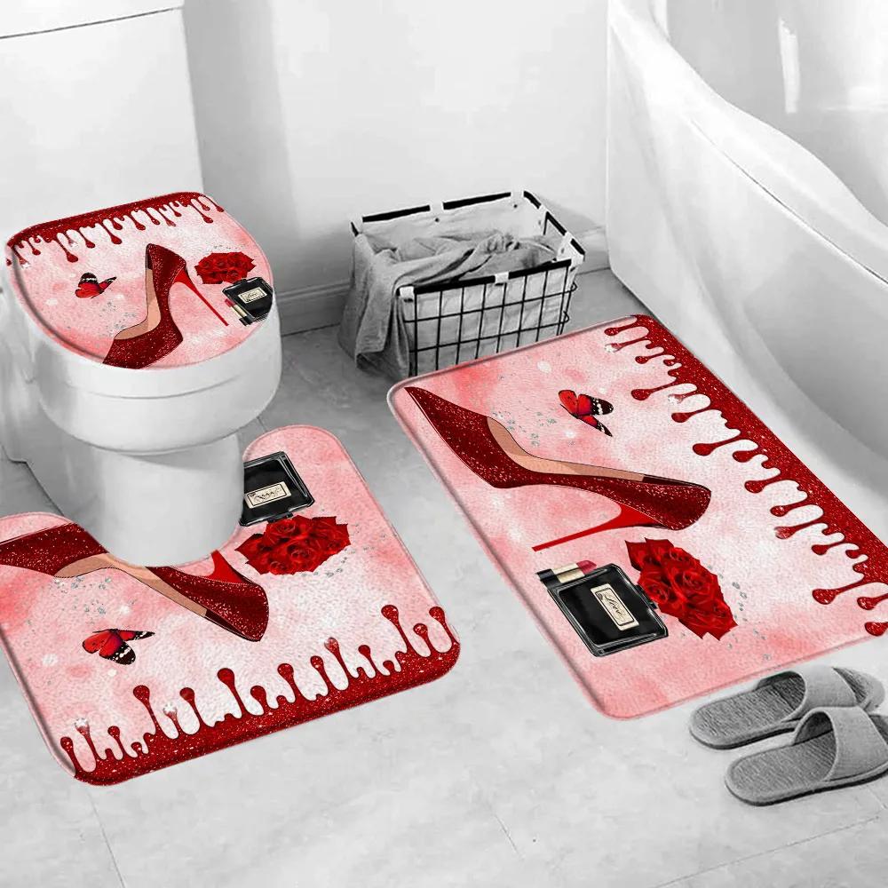 Valentine's Day Shower Curtain, Rose High Heels Lipstick Perfume Bottle Black and White Striped Romantic Bath Mat Bathroom Decor