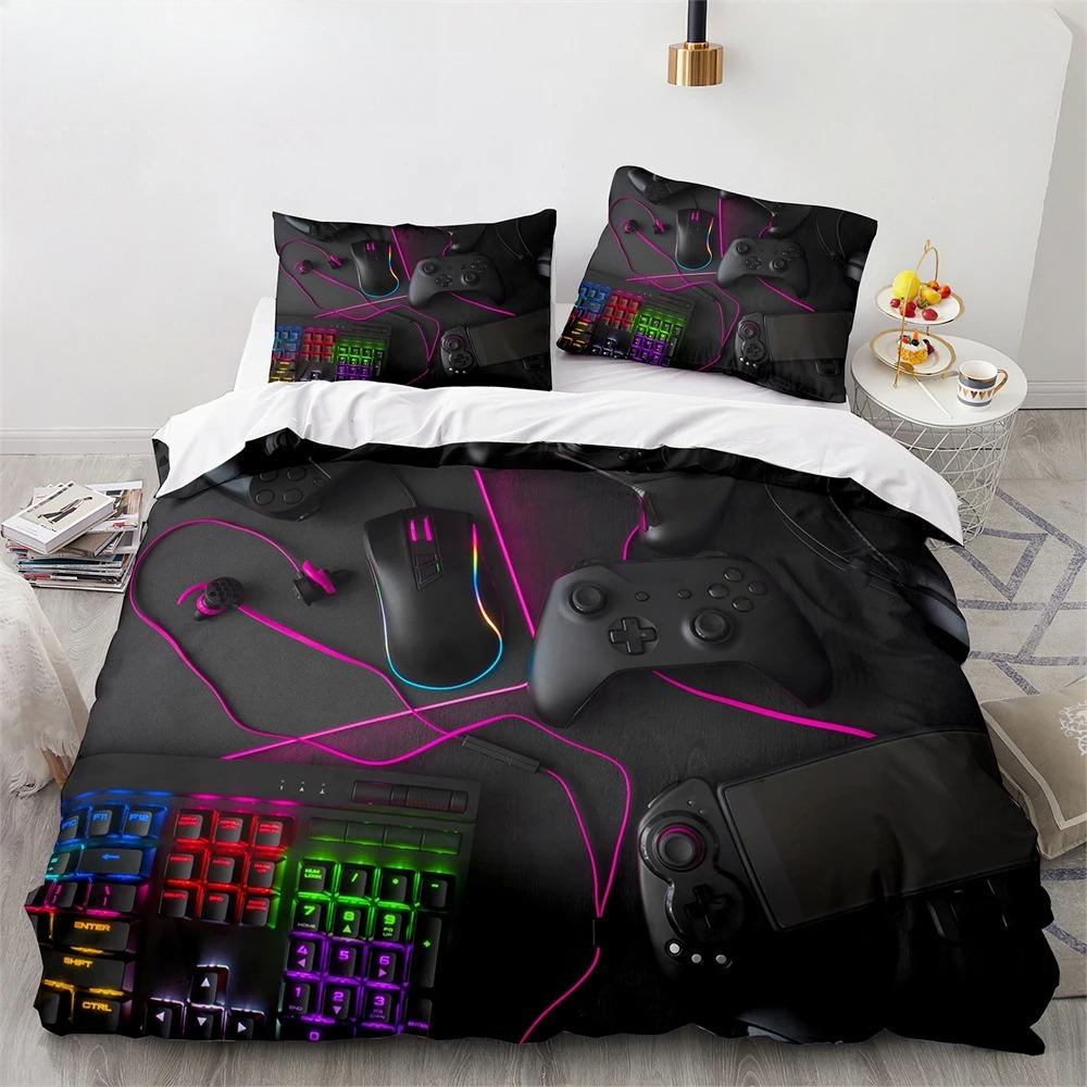 Game King Queen Duvet Cover 3D Black Game Handle Bedding Set for Kids Teens Boys Man Gamer Bedroom Decor Quilt Cover Pillowcase