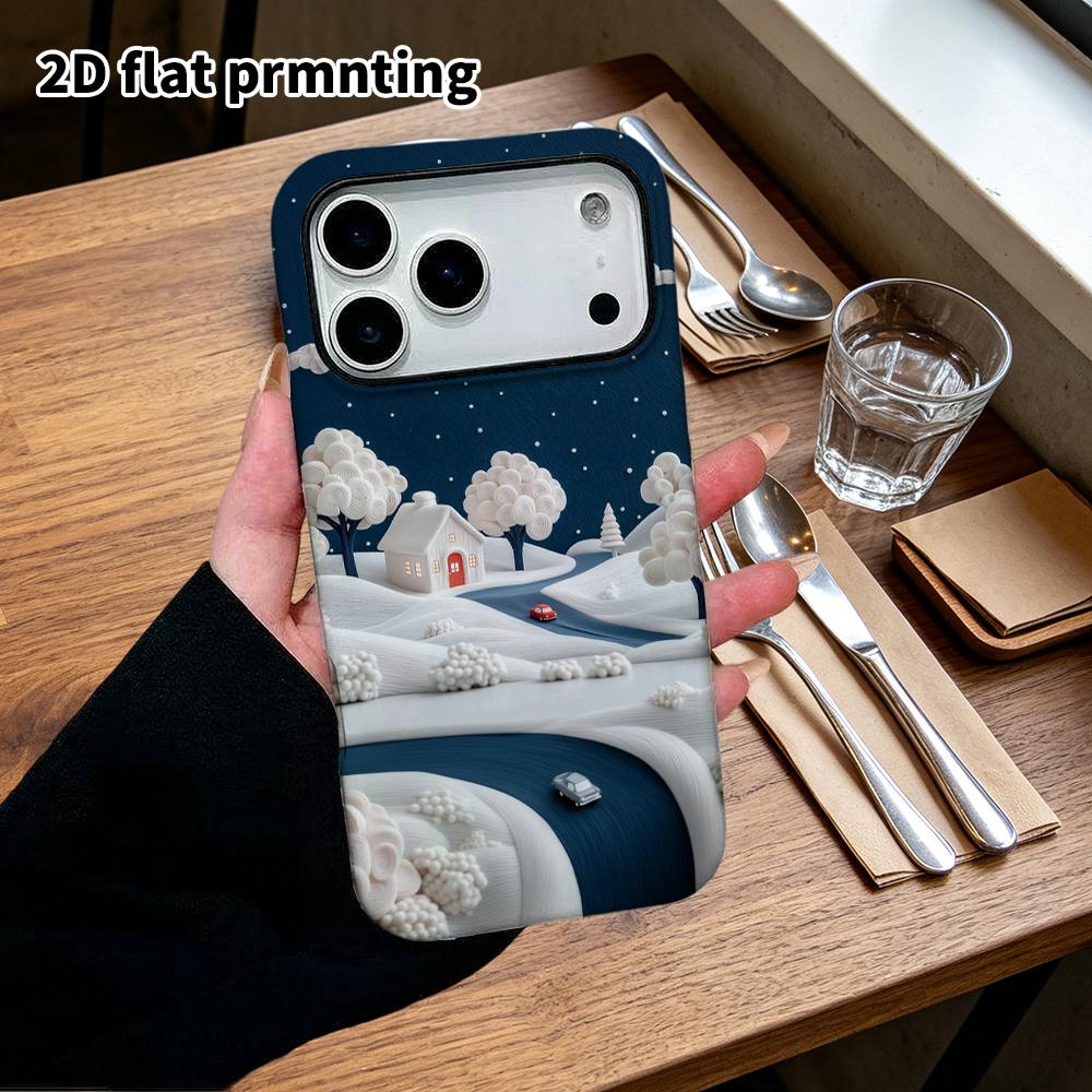 Phone Case: 2D Flat Design Suitable for iPhone 18, 17, 16, 15, 14, 13 Pro Film Protective Case, Couple Style, Winter Night Village, Christmas and Hall