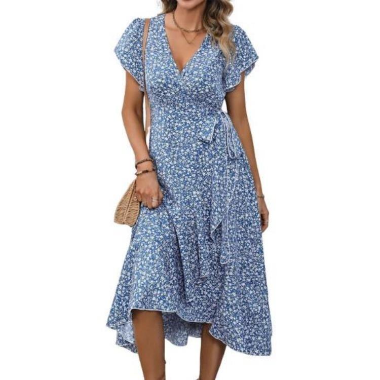 Flowy Boho Summer Maxi Dress for Women V Neck Short Sleeve Wrap Beach Casual Long Dress Floral Print with Ruffle Hem Side Split