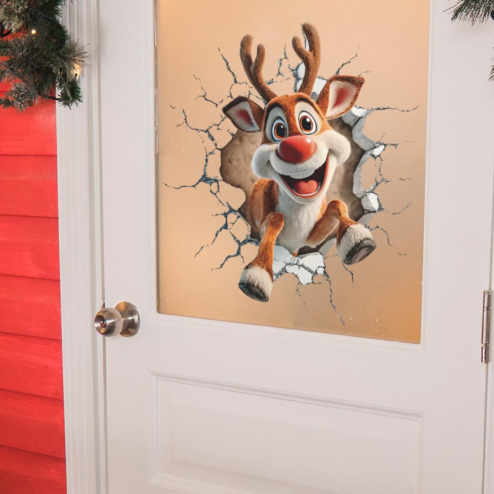 Christmas Atmosphere Breaks Through The Wall Cute Reindeer Living Room Entrance Hall Home Wall Decoration Stickers