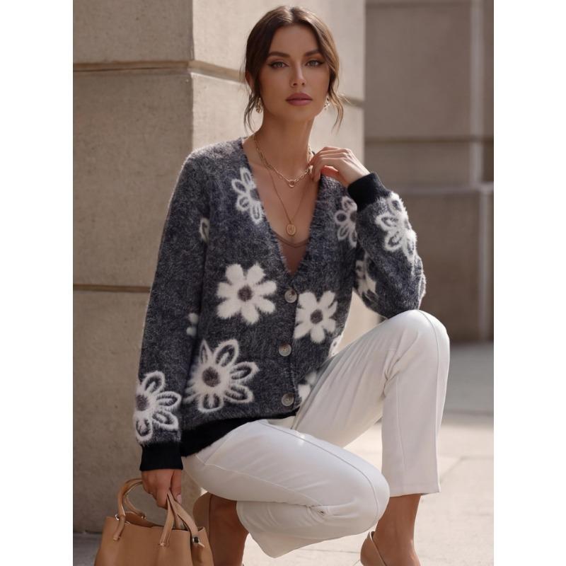 V Neck Long Sleeve Flower Pattern Knit Cardigan Sweater