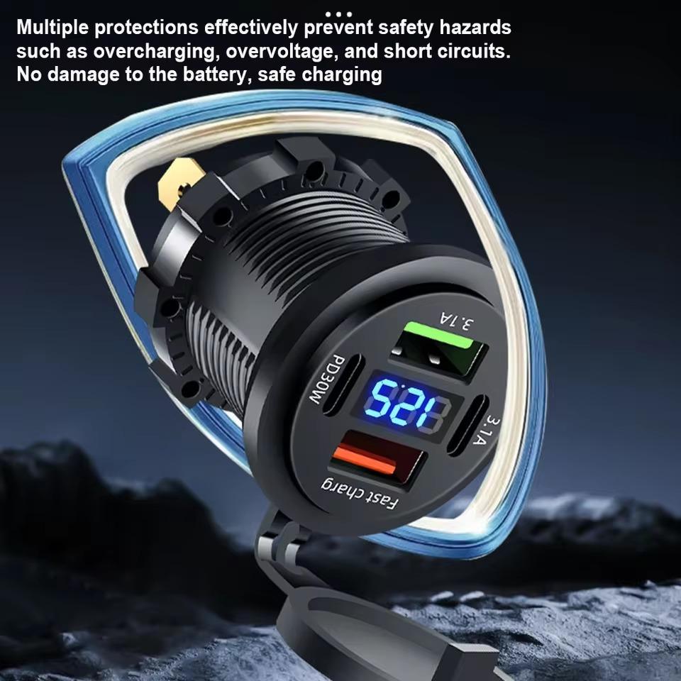 83W Car Charger Socket PD30W Fast Charging Dual USB+Type C Outlet Phone Power Adapter with Voltmeter for Motorcycle Truck Boat
