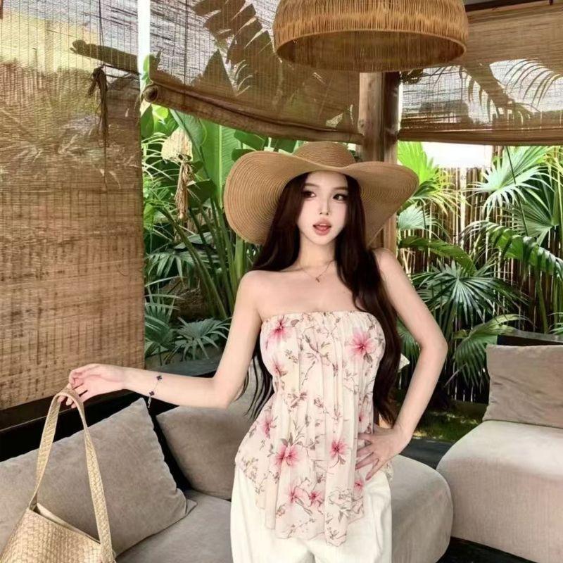 Summer new niche design pleated print tube top Spice girl top women's clothing can be worn outside sleeveless off-the-shoulder vest