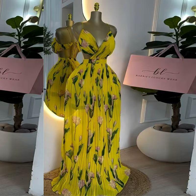 

European and American New Sexy Print Sling High Waist Pleated Dress Slips Printed Sexy Dress Yellow S