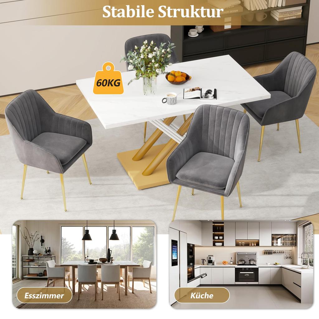Dining Table for 4-6 People, 140x80cm, Modern Kitchen Table with Thickened Artificial Marble Tabletop and X-shaped Metal Legs