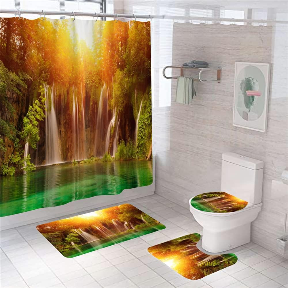 Forest Shower Curtain Set Non-Slip Rug Toilet Lid Cover Bath Mat Maple Leaf Bathroom Curtain Waterproof Natural Scenery Curtains